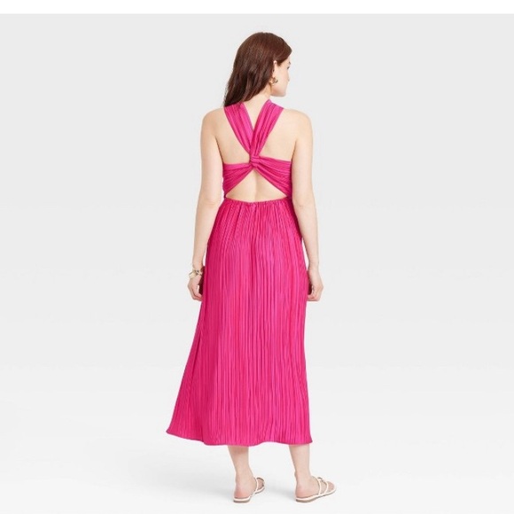 A new day magenta pink halter open cross back pleated midi dress with pockets S - Picture 2 of 2